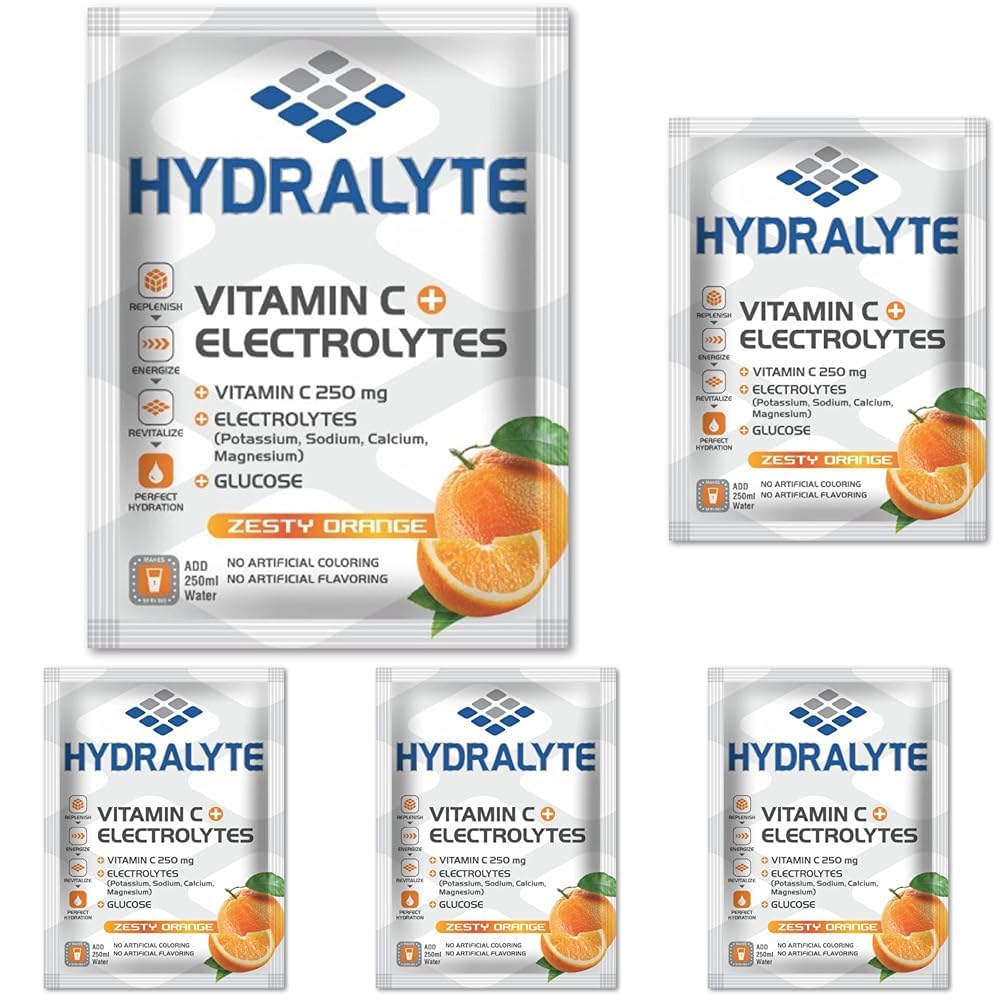 Hydralyte Vitamin C + Electrolyte Hydration Sports Drink Powder Orange Flavor, 10 gm | 1 Sachet make 250 ml | Natural Electrolyte Replacement Supplement for Rapid Hydration (Pack of 5)