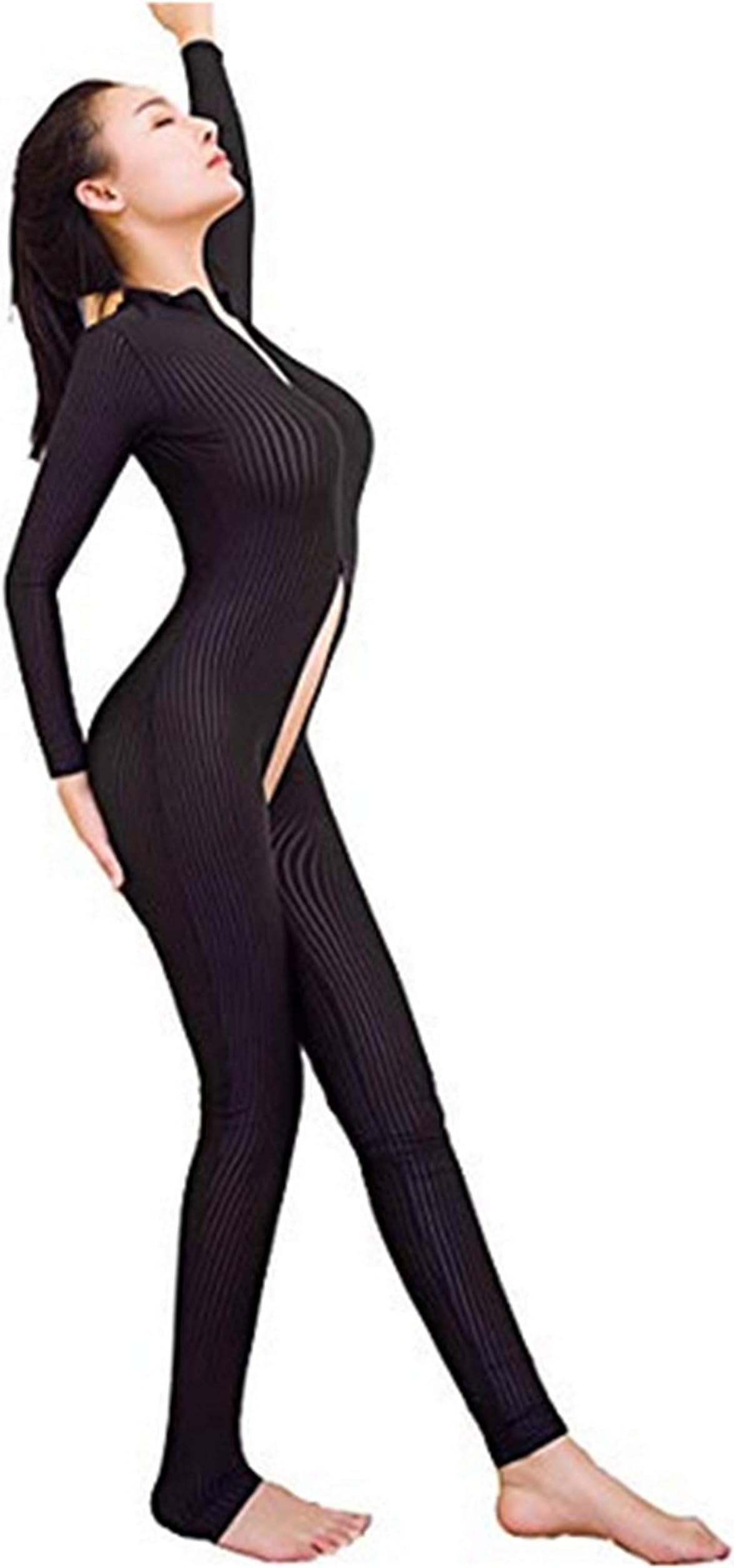 Sexy Sheer Opaque Front Zip Vertical Stripes Spandex Zentai Catsuit Bodysuit Night Club Costume (One Size)