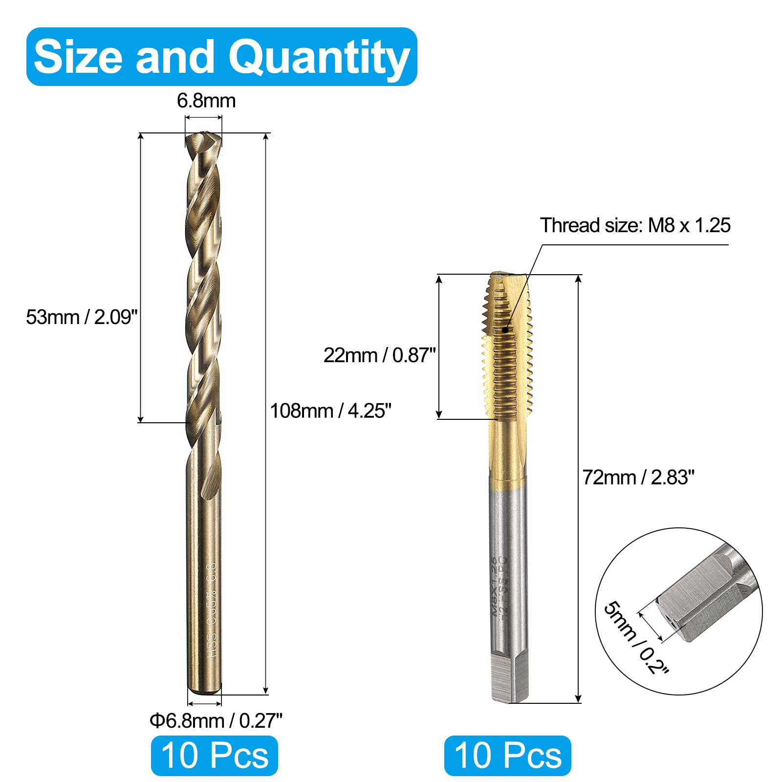 Zestaw gwintowników i wierteł, 10 szt. gwintowników metrycznych M8 x 1,25 ze spiralną końcówką i 10 szt. wierteł krętych 6,8 mm, HSS-6542/M35 HSS-CO