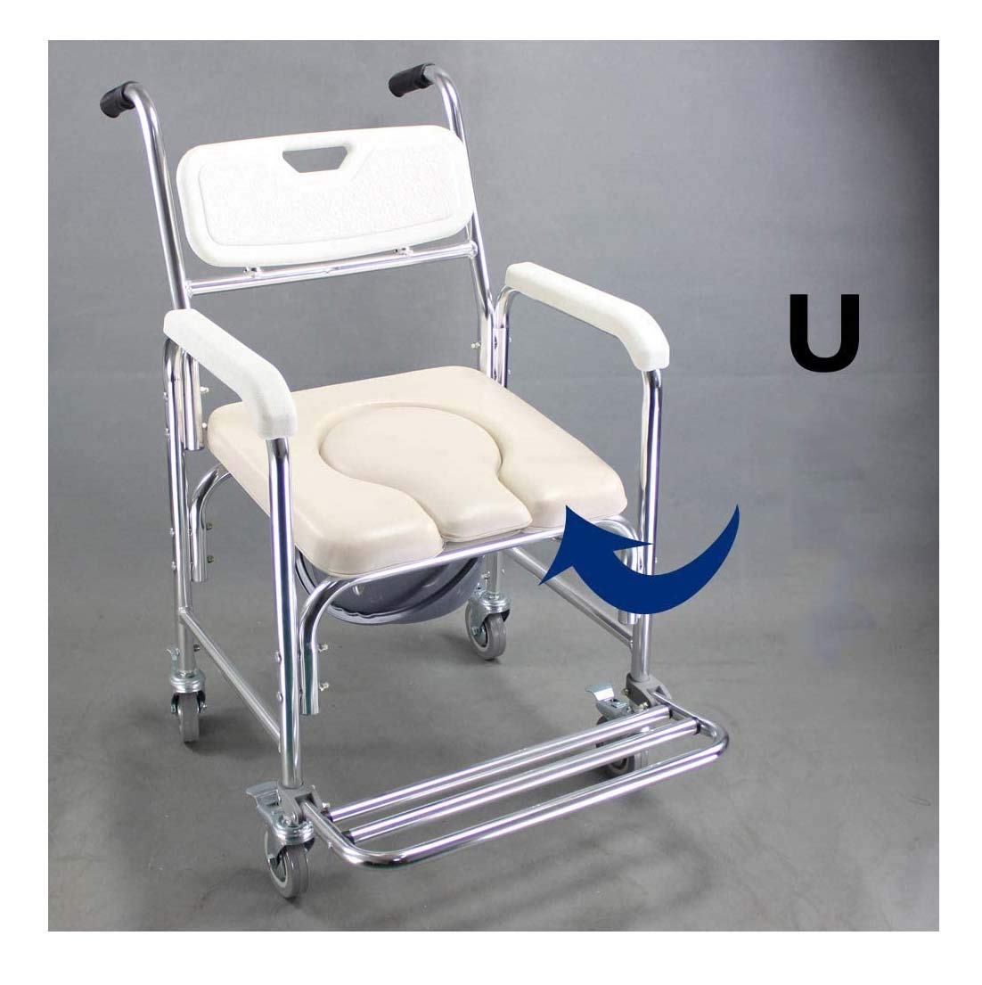 HYJMJJ Aluminum Shower Chair Bedside Commode w/Casters and Padded Seat, Rolling Transport Chair Lockable Wheelchair Bedside Toilet Seat for Handicap and Seniors