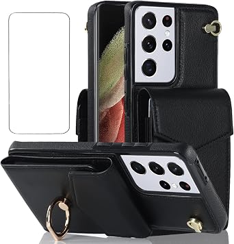 Design for Samsung Galaxy S21 Ultra Phone Cases with Screen Protector Credit Card Holder Slot,PU Leather Wallet Stand Kickstand Protective Cover for Women Men 6.8inch Black