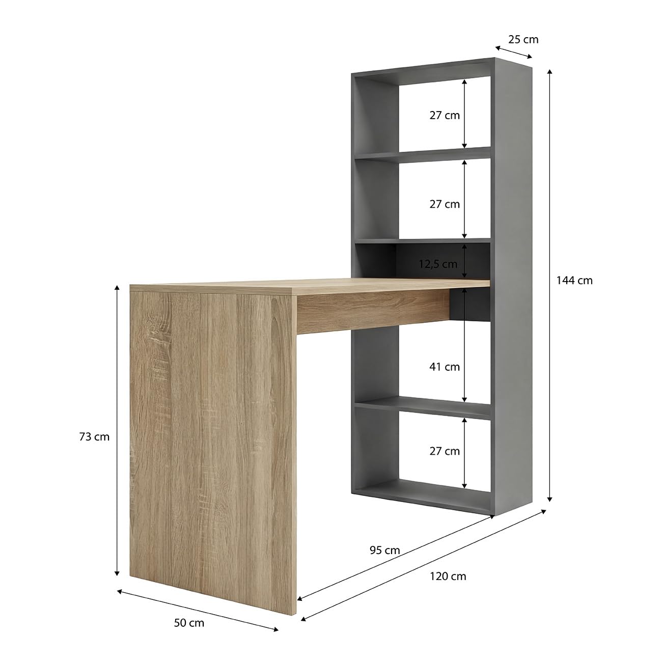 duehome | Escritorio Juvenil con Estanteria Reversible, Mesa de Ordenador, Modelo Cosmic, Acabado en Gris Antracita y Roble Canadian, Medidas: 120 cm (Largo) x 53 cm (Ancho) x 144 cm (Alto)