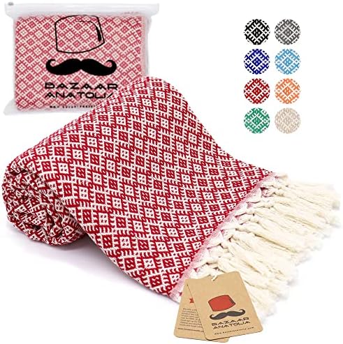 Bazaar Anatolia Ethnic Turkish Beach Towel 100% Cotton 74x39 Oversized Quick Dry Bath Towels Sand Free Mat (Red)