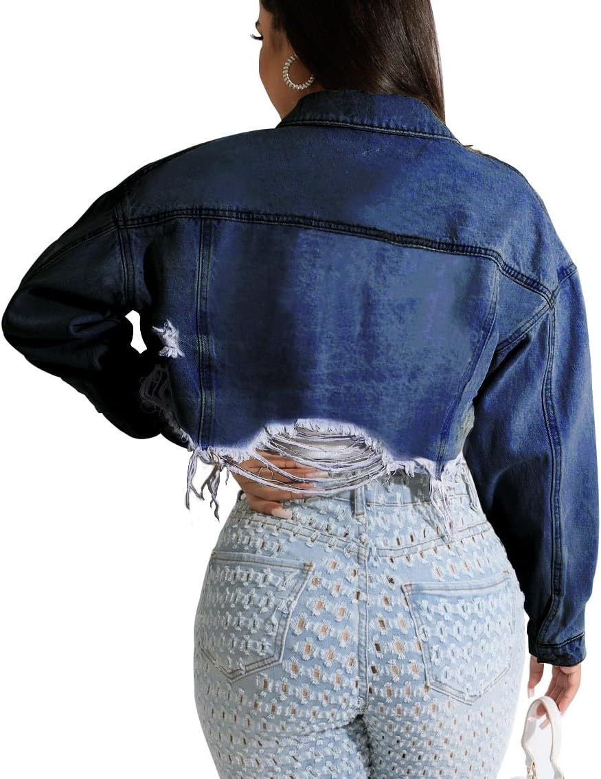 HTD Women's Cropped Jean Jacket Button Up Long Sleeve Ripped Distressed Denim Jacket Frayed Hem - Image 4