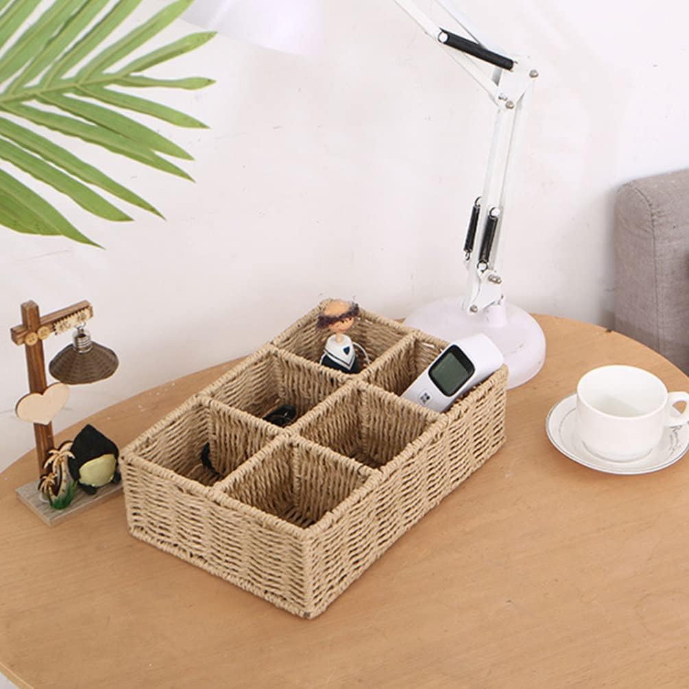 Angoily Rattan Storage Basket Wicker Divided Basket 6 Sections Decorative Handwoven Basket Bins Rustic Tea Bag Organizer Caddy for Organizing Kitchen Bathroom Office Desk Khaki