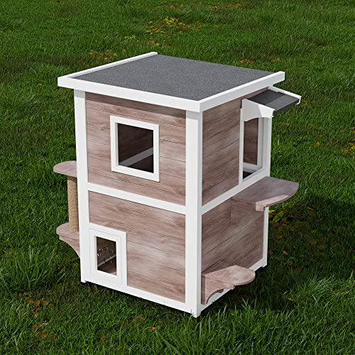 Wishive Outdoor Cat House With Cat Scratching Post, Weatherproof Feral Cat Shelter Outdoor With Escape Door, Wooden Outside Cat Condos For One Or Two Cats, Grey-Brown #TOP4