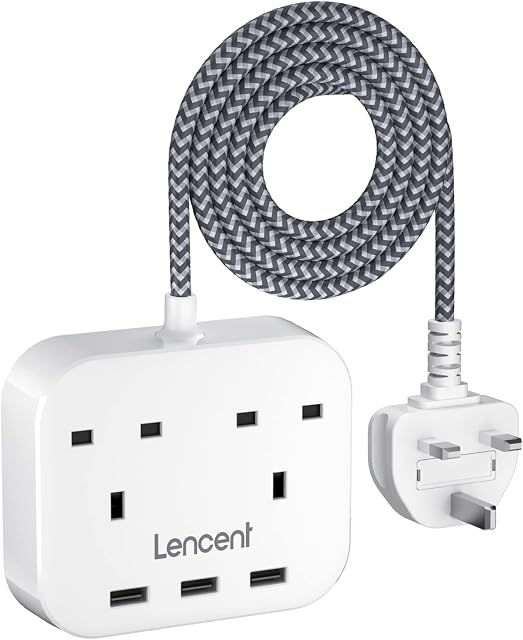 LENCENT Mini Extension Lead with 3 USB Port, 2 Way Outlets Power Strip with 3 USB Slots, Multi Plug Power Extension with 1.8M Braided Extension cord for Home Office Travel (13A 3250W)