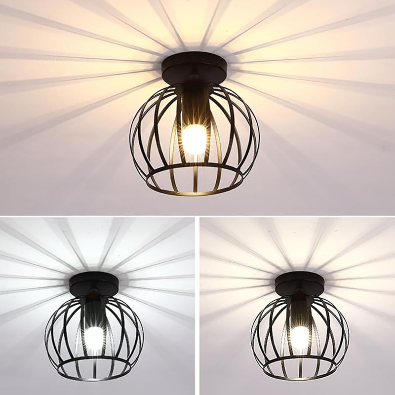 Goeco Vintage Ipari Mennyezeti Lámpa - Fekete Fém Ketrec Dizájn, E27 Foglalat, 20 cm Átmérő, Folyosóra, Erkélyre, Étkezőbe