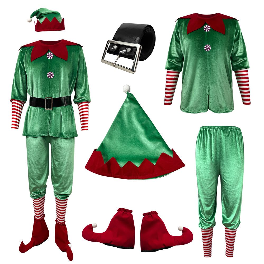 Generisch Costume da Babbo Natale per bambini: camicetta, pantaloni, cappello, copriscarpe – perfetto per ragazzi adolescenti, cosplay, feste di famiglia.
