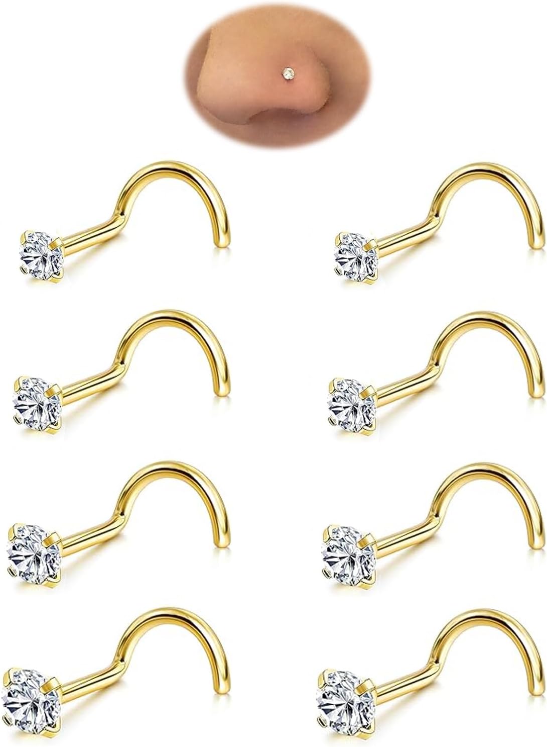 8Pcs Nose Rings Studs Set for Women Men: Hypoallergenic G23 Titanium/316L Surgical Stainless Steel Nose Studs, Nickel-free Lead-free L Shaped Corkscrew Nose Piercing Jewelry CZ 1.5mm 2mm 2.5mm 3mm