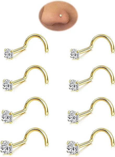 Nose Rings Studs Set for Women Men: Hypoallergenic 8Pcs 18G 20G 22G Gold/Silver 316L Surgical Stainless Steel Nose Studs Corkscrew Nose Piercing Jewelry Imitation Diamond Small CZ 1.5mm 2mm 2.5mm 3mm