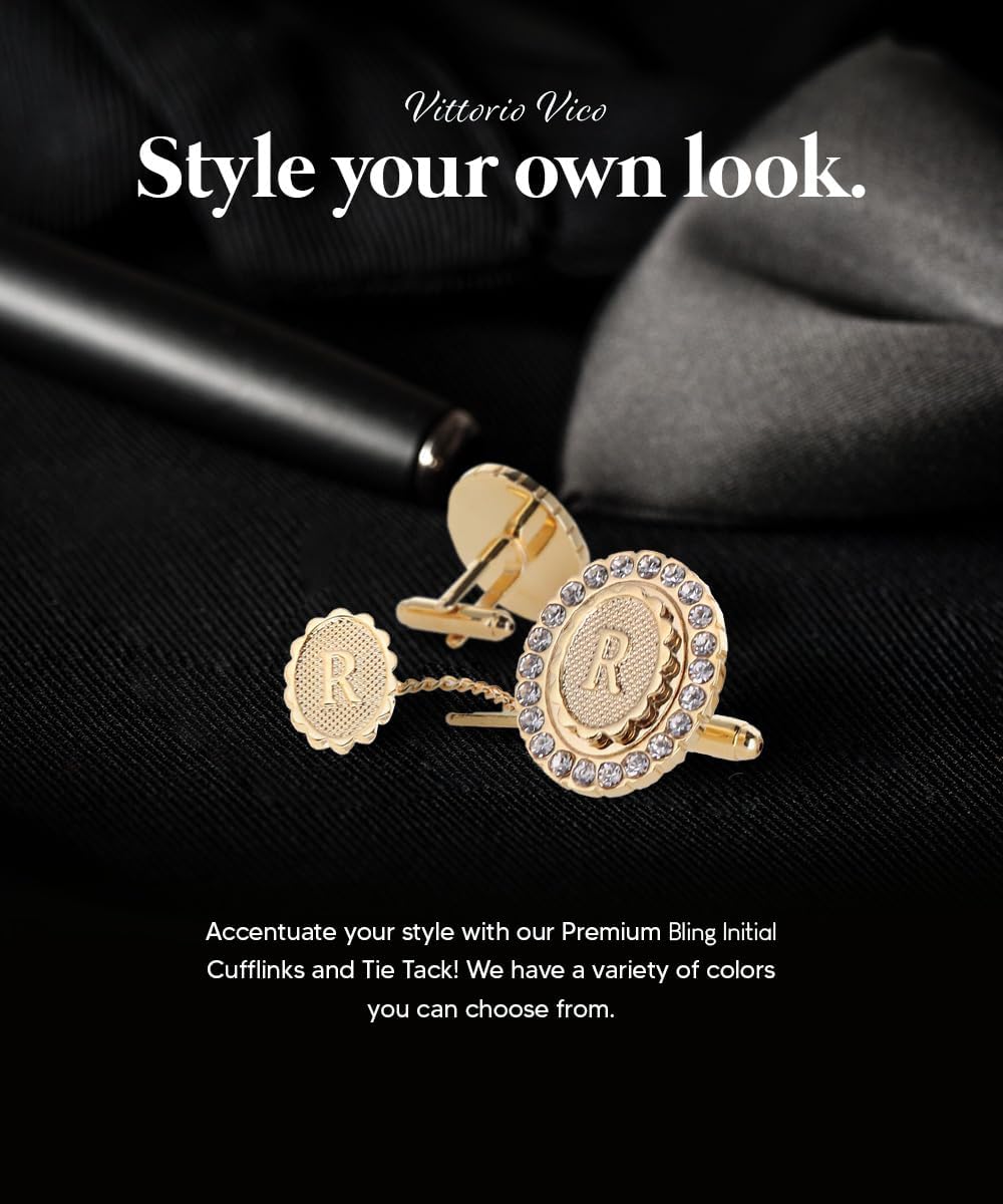 Bling Initial Cuff Links & Tie Tack Set: A to Z