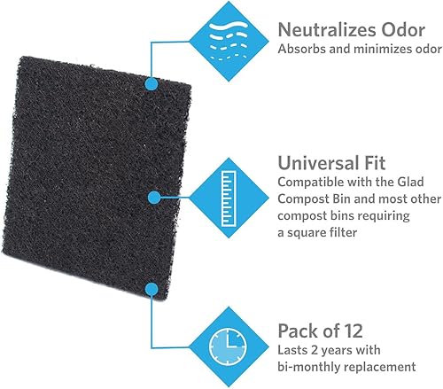 Miniatura 2 de Glad Filtros de carbón para contenedores de compost, almohadillas de repuesto de carbono que absorben olores para residuos de cocina, suministro de