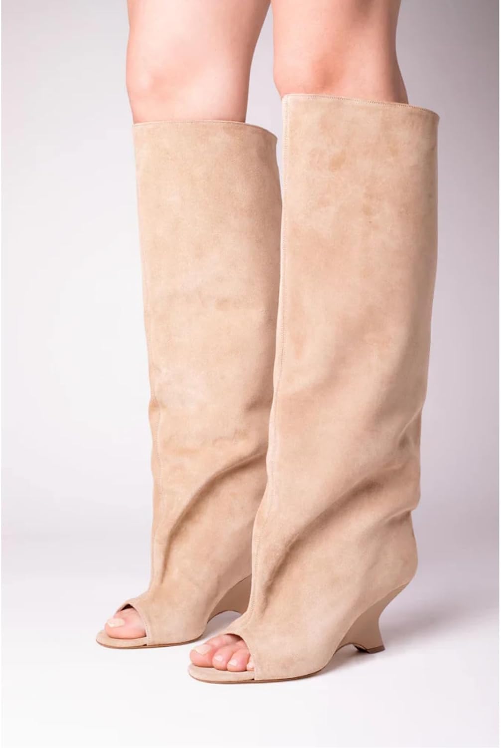 FancyQueen Open Toe Knee High Boots, Slouchy Pull On Peep Toe Dress Boots for Women - Image 2