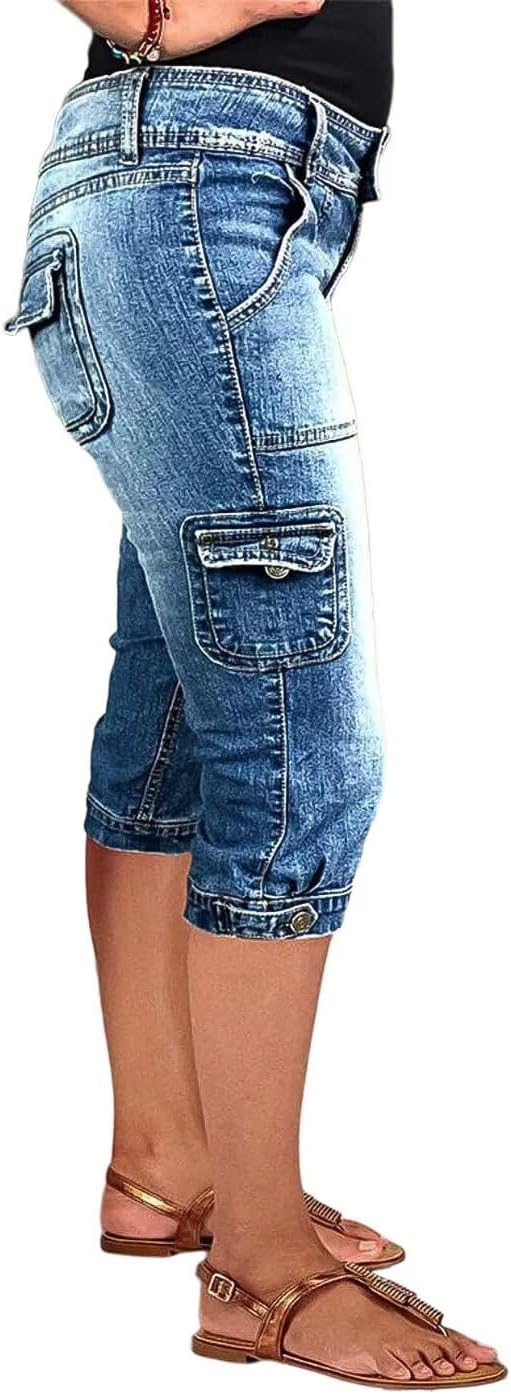 Flamingals Women's Star Flap Pocket Side Vintage Summer Low Waist Skinny Cargo Capris Jeans