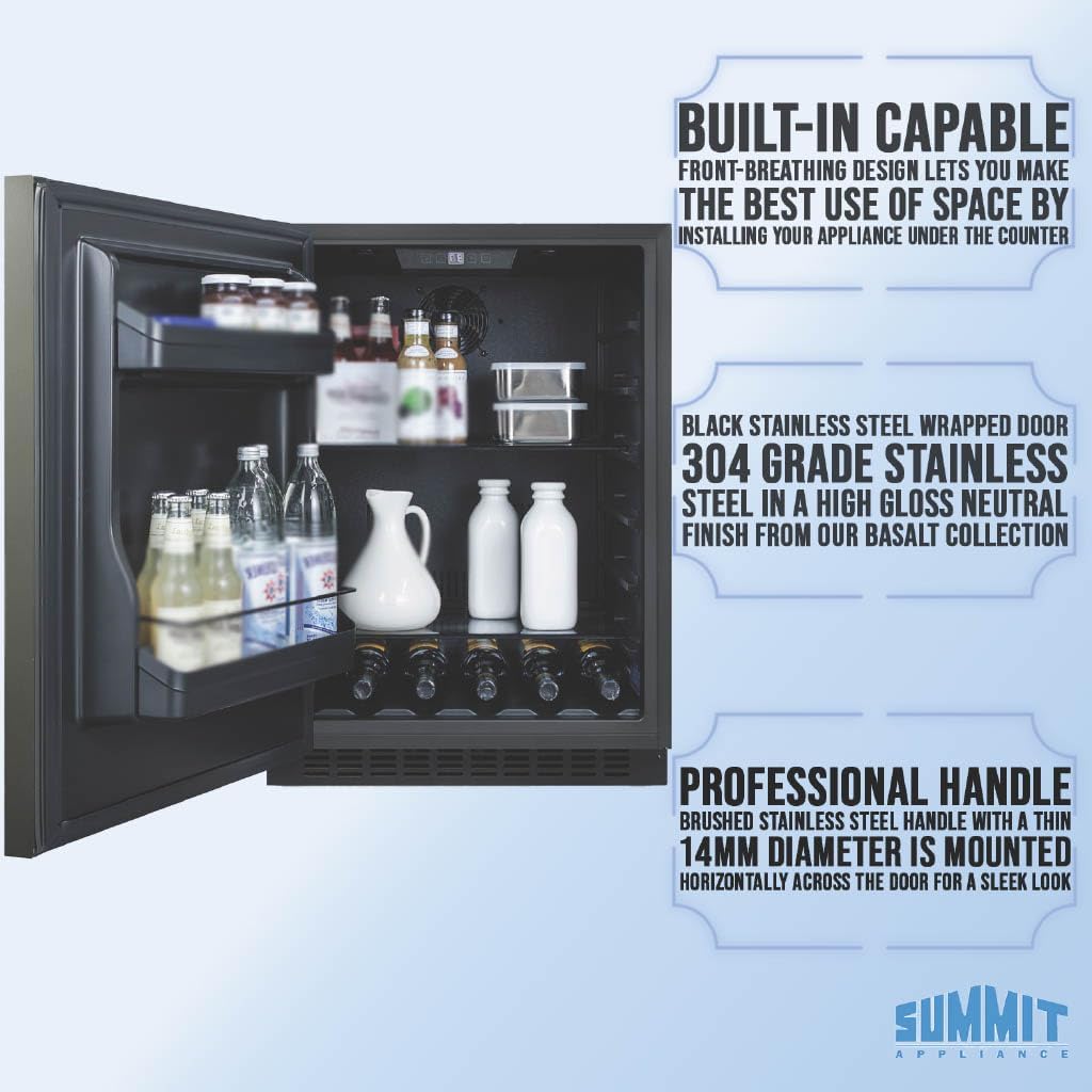 Summit 24" Built-In Refrigerator, 4.8 cu.ft., ADA Compliant, Undercounter, Black, Stainless Steel - AL54KSHHLHD (Left Handed Door Swing)