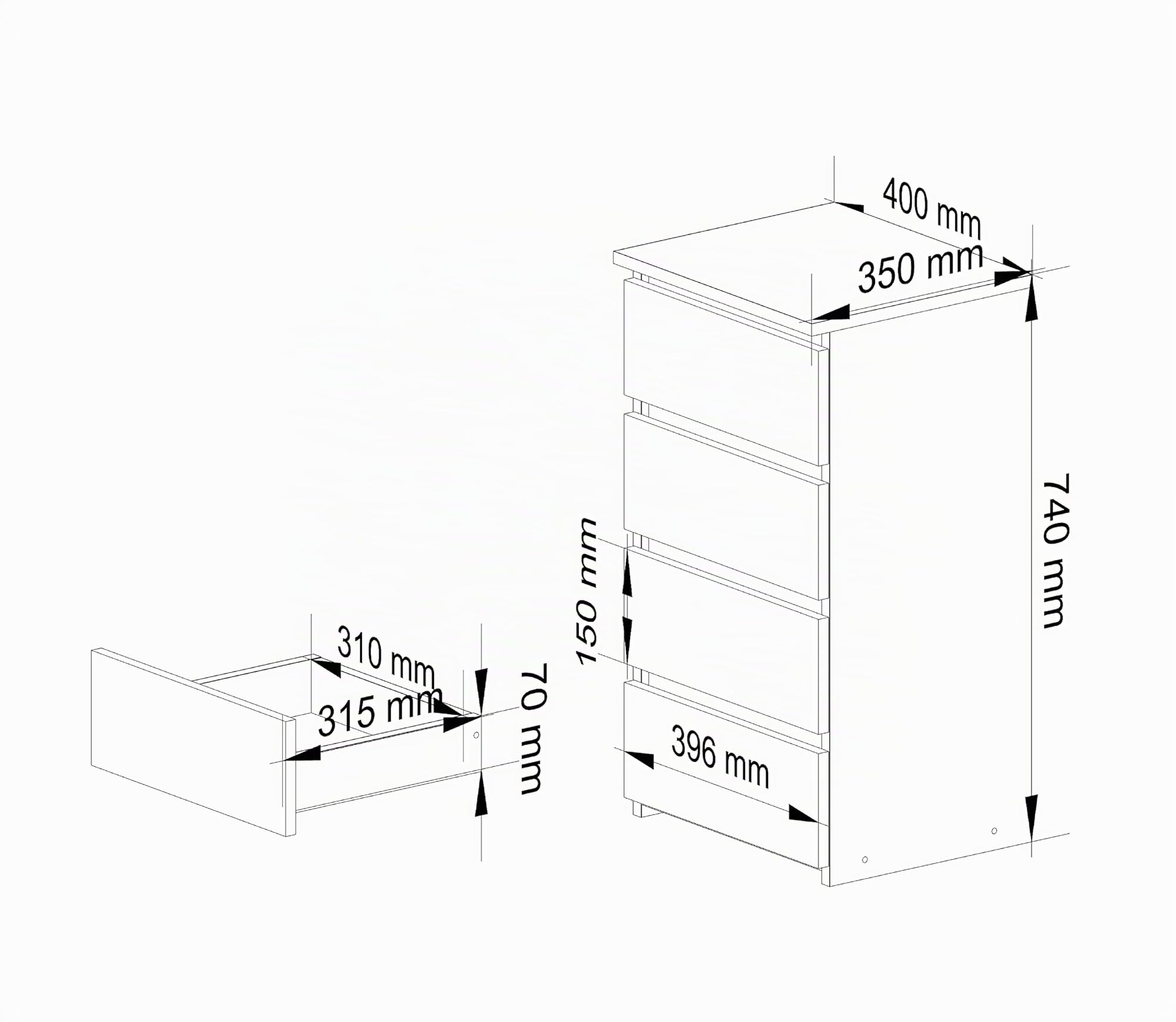 AKORD | Cajonero con 4 cajones | Cómoda Alta | Mueble Moderno para Sala de Estar, Comedor, Dormitorio, Entrada, baño | Armario Infantil | 35x40x74 cm | Roble Artisan