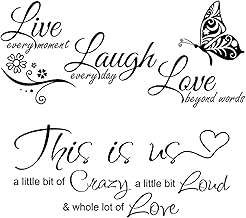 2 Pack Live Love Laugh Wall Stickers with This Is Us Crazy Loud Love Wall Decal, Vinyl Inspirational Family Quote Lettering Wall Decals Art for Bedroom Living Room Home Decorations, 27x58cm,Black