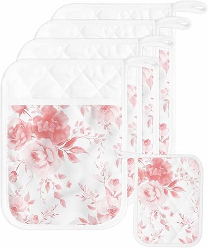 Miniatura 29 de Juego de 4 agarraderas de tela de rizo con diseño de flores navideñas para cocina, antideslizantes y aislantes de calor, con bolsillo, guantes