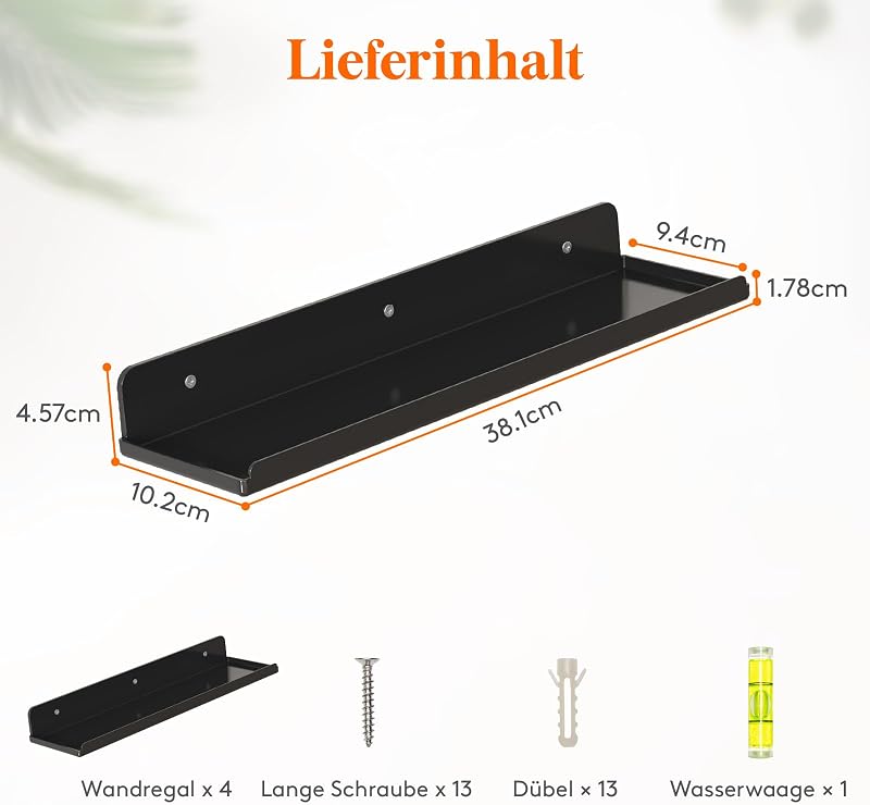 Lifewit Fali Polc Szett 4 db - Fekete Műanyag Lebegő Polcok 38 cm - Könyvek, Lemezek, Fotók Tárolására - Modern Helytakarékos Megoldás Nappa