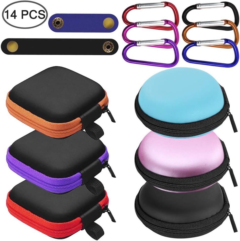 SENHAI 6 Pcs Small Square and Round Portable Earbuds Case Storage Box with Carabiners & 2 Pcs Headphone Cable Clip for Earphone Earbuds Bluetooth U Disk SD Cards