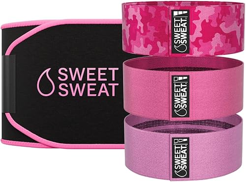 Sports Research® Waist Trimmer Pack - Sweet Sweat Waist Trimmer (Black/Pink, Medium) & Set of 3 Hip Resistance Bands (Pink)