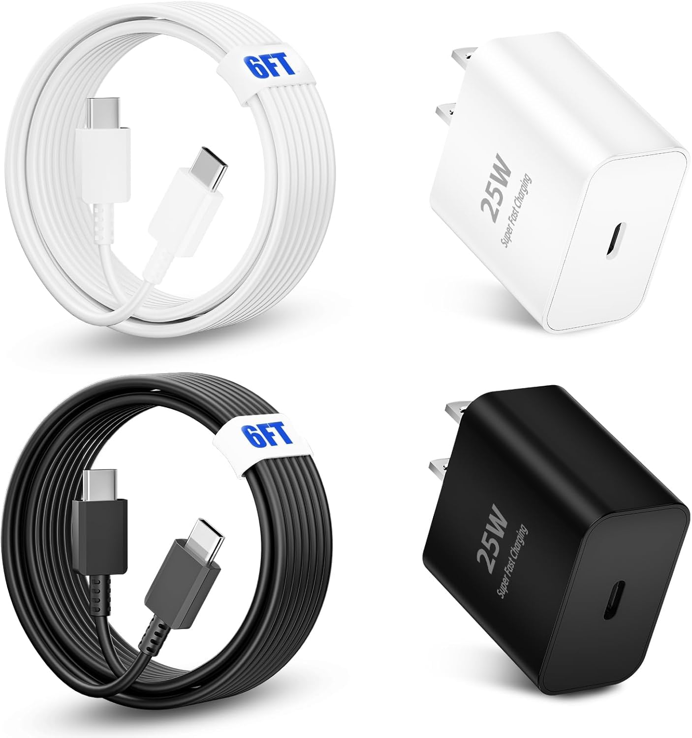 25W Type C Super Fast Charger,Fast Charger USB C with 2 Pcs 6FT Android Charger Cable Cord Suitable for Samsung Galaxy S25/S24 S23 S22 S21 Ultra/S20/S20 Ultra/Note 20 Ultra (25 W Black/White)