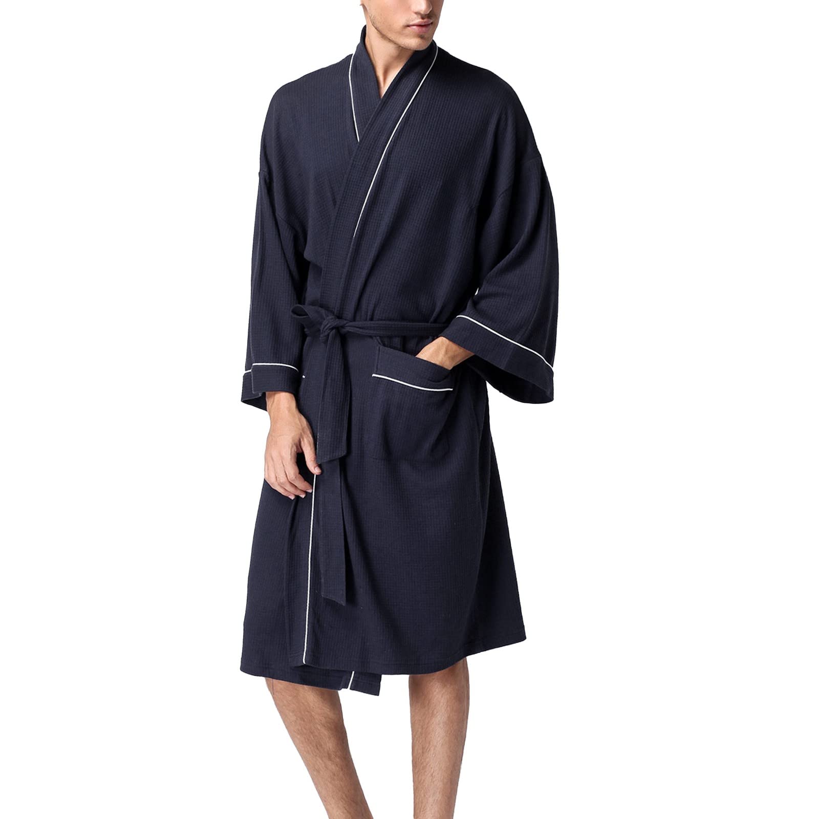 Saunamantel Damen Waffelpique - Bademantel Damen Kurz Frottee | Mit Taschen Morgenmantel Leichte Dünn Bademäntel Bindegürtel Hausmantel Langarm Schlafmantel Loungewear Bequem Nachtwäsche