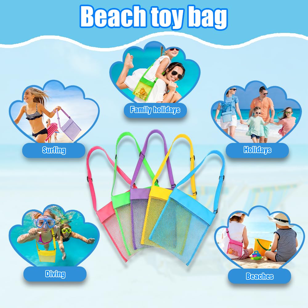 Bolsa Juguetes Playa Malla, 5 PCS Bandolera Bolsa Playa Niños, Beach Toy Bag, Ajustable Bolsa Playa Niños, para Guardar Juguetes y Conchas Marinas