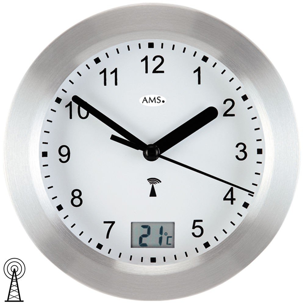Runde AMS Wanduhr 5923 Funk Gehäuse Silber, wasserdichte Badezimmeruhr mit digitaler Temperatur-Anzeige