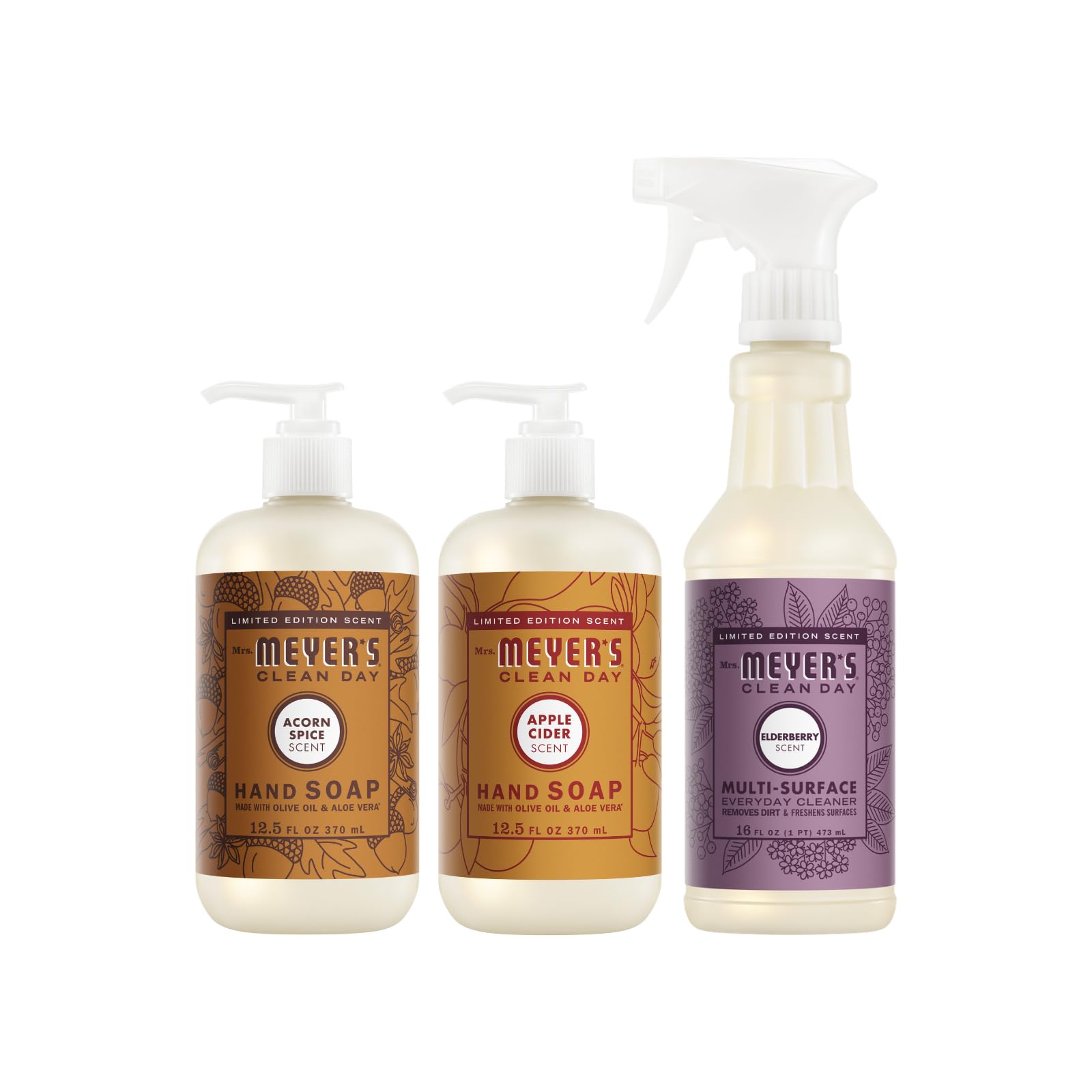 Mrs. MEYER'S CLEAN DAY Multi-Surface Cleaner, Hand Soap 3 Pack Variety, 16 OZ Each, 1 CT (Acorn Spice + Apple Cider + Elderberry)