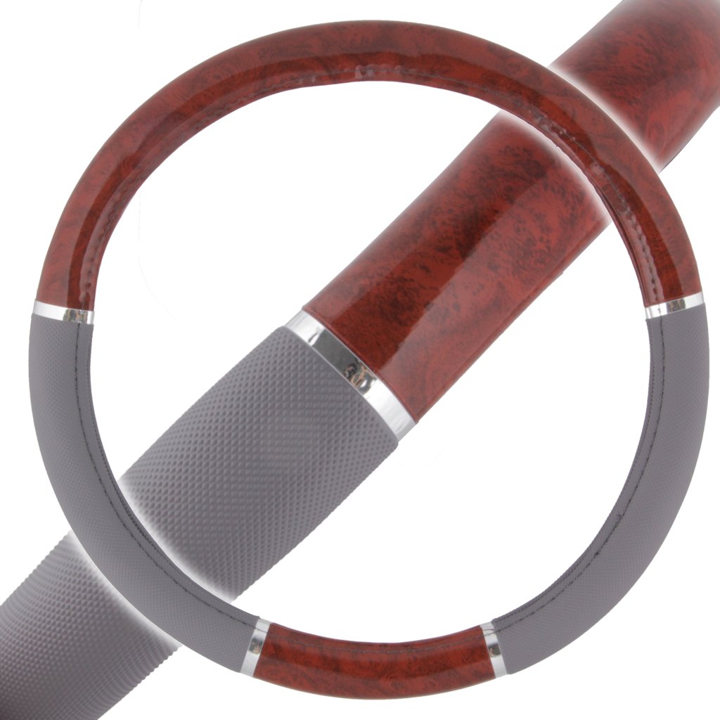 BDK Dark Wood Grain Car Steering Wheel Cover, Standard 15 inch with Gray Faux Leather Grip, Made to Fit Most Auto Truck Van SUV