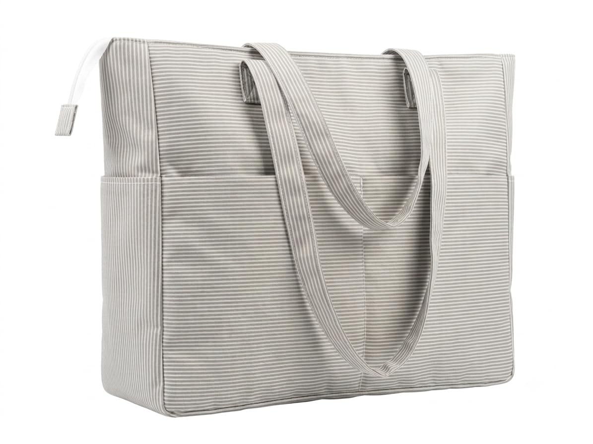 Cery Teacher Tote Bag for Women Office Work Multipurpose Shoulder Bag with Zipper Pocket Travel Grocery Beach Hobo Bag Waterproof Sandproof Lightweight Pool Bag (Khaki White Strap)-image-37