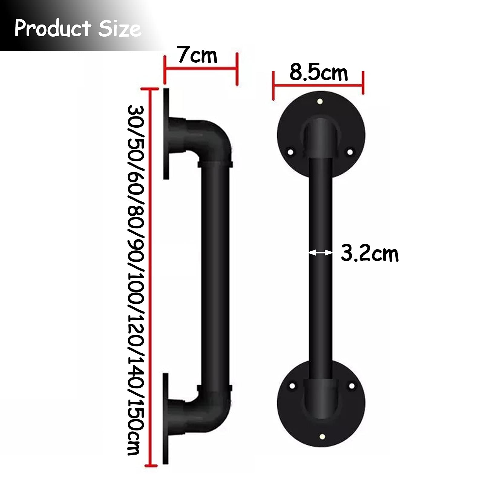 Corrimano In Ferro Per Scale Interne/esterne - Diametro Tubo 3.2 Cm, Lunghezze Da 30 A 150 Cm, Stile Industriale, Nero Opaco