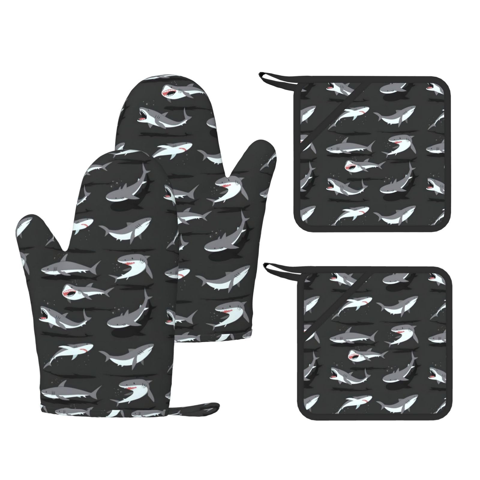 Shark Printed Cooking Mitts and Pot Holders 4 Pcs, Heat Resistant Oven Gloves with Hanging Loop Chef