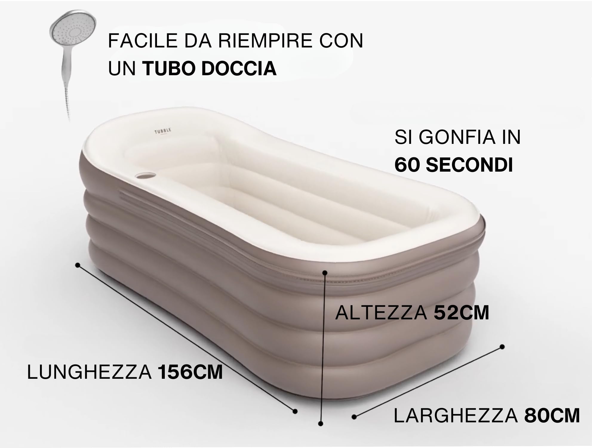 Tubble® Royale Vasca da Bagno Gonfiabile per Adulti Ambient Taupe 255 Litri - Spa Gonfiabile Portatile Bagno Caldo & Bagno di Ghiaccio, Montaggio 1 min, Altezza Fino a 188 cm, Spa per Casa & Esterno