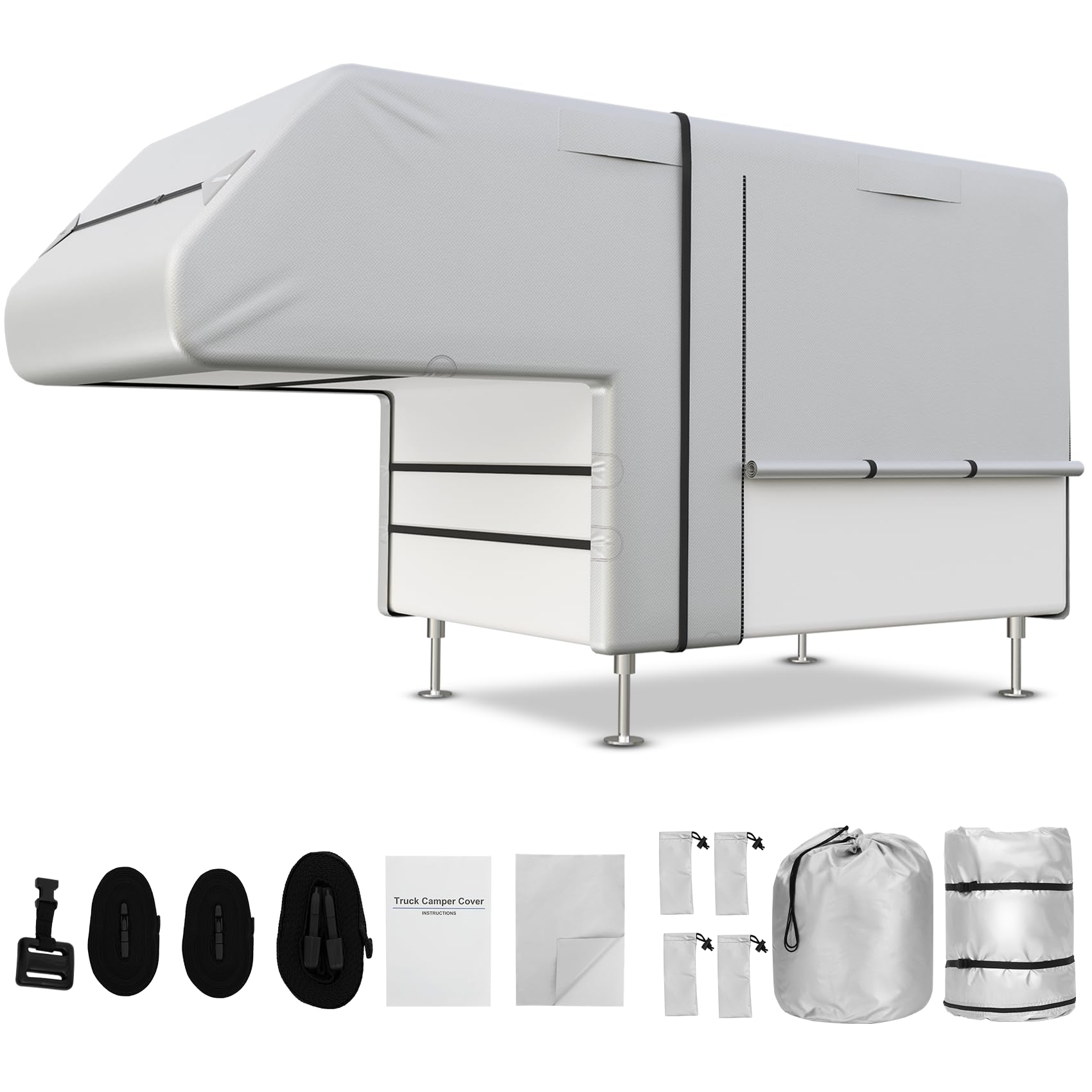 Truck Camper Cover for 10-12FT, Silver - Coated 300D Waterproof Oxford for Slide-in Campers, with Side Zippers and Vents for All-Season Protection