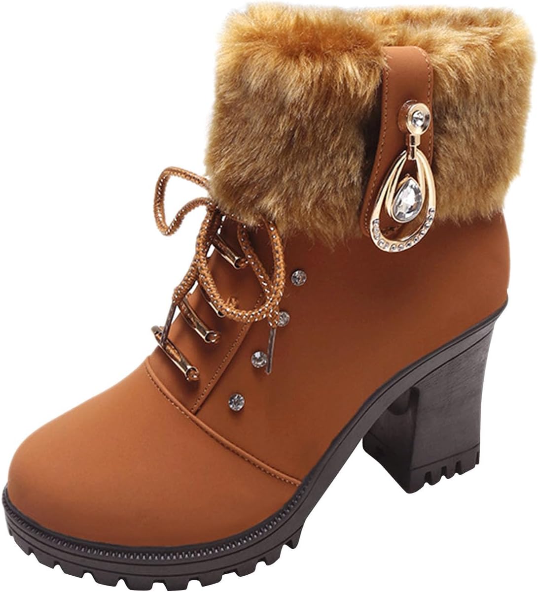 Women Winter Chunky Heel Ankle Boots, Casual Rhinestones Decor Shoes Warm Lined Lace Up Ankle Booties