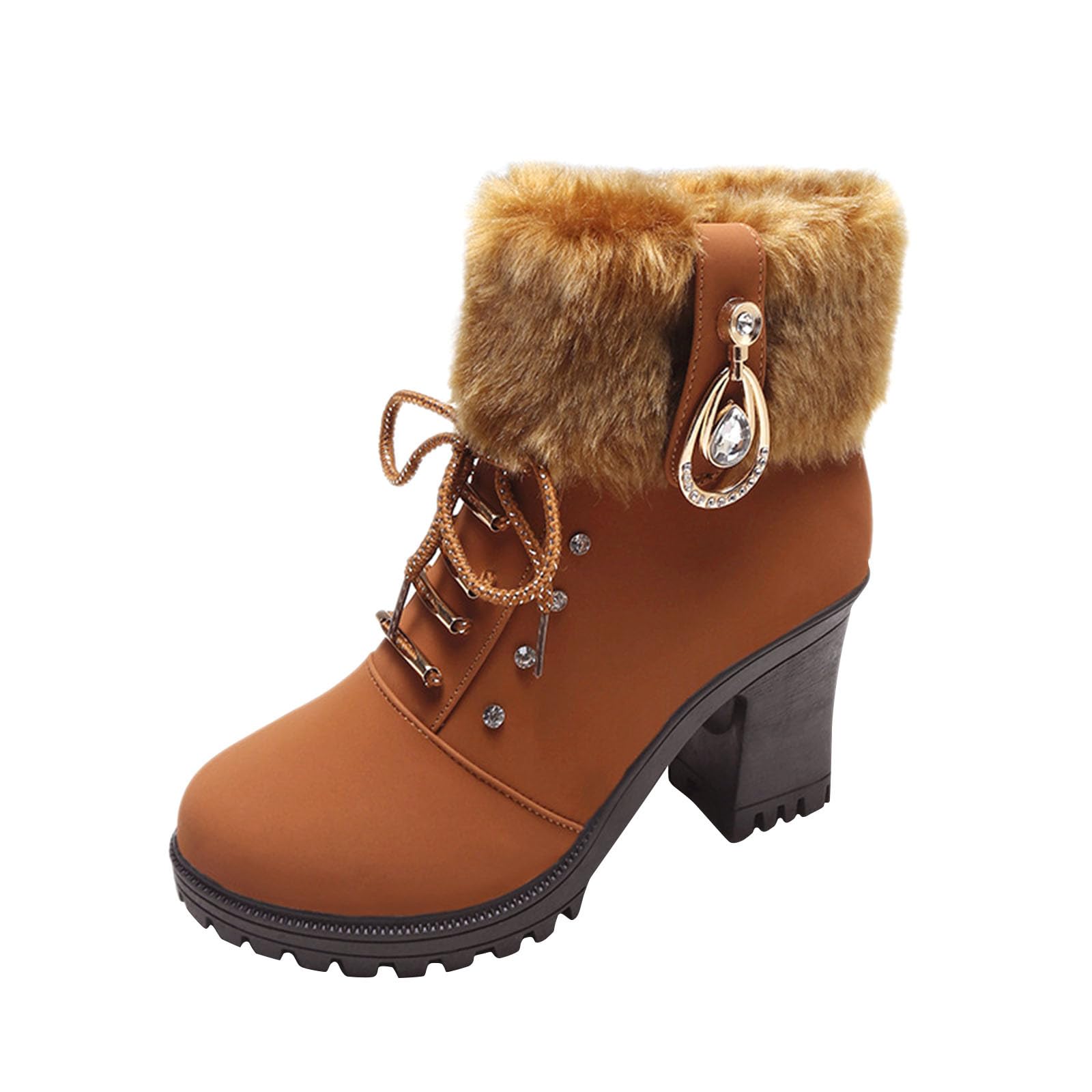 Women Winter Chunky Heel Ankle Boots Round Toe High Heel Dress Booties Casual Rhinestones Decor Shoes Warm Lined
