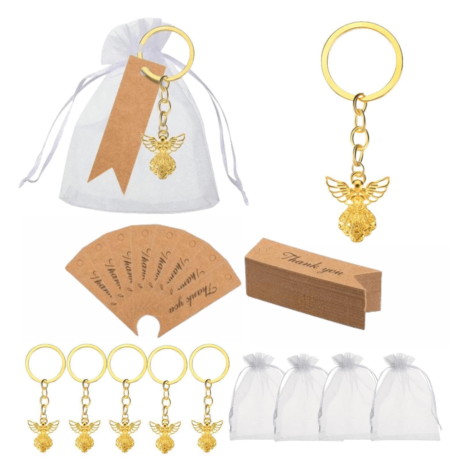 30 portachiavi a forma di angelo custode, regalo di nozze, regalo per ospiti, con etichette vuote e sacchetti in organza, per regali per feste, decorazioni per baby shower, oro