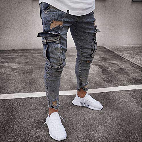 Andongnywell Men Skinny Stretch Destroyed Denim Pants Ripped Slim Fit Jeans Trousers Stretch Knee Pocket with Zipper2