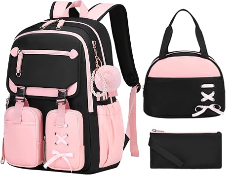 Sunborls Teens Girls Lightweight and Large Capacity Waterproof Bookbags Backpack with Lunch Box and Pencil Case 3 in 1 Back To School Gift Bookbag Casual Daypack Travel Laptop Backpack Collision Pink