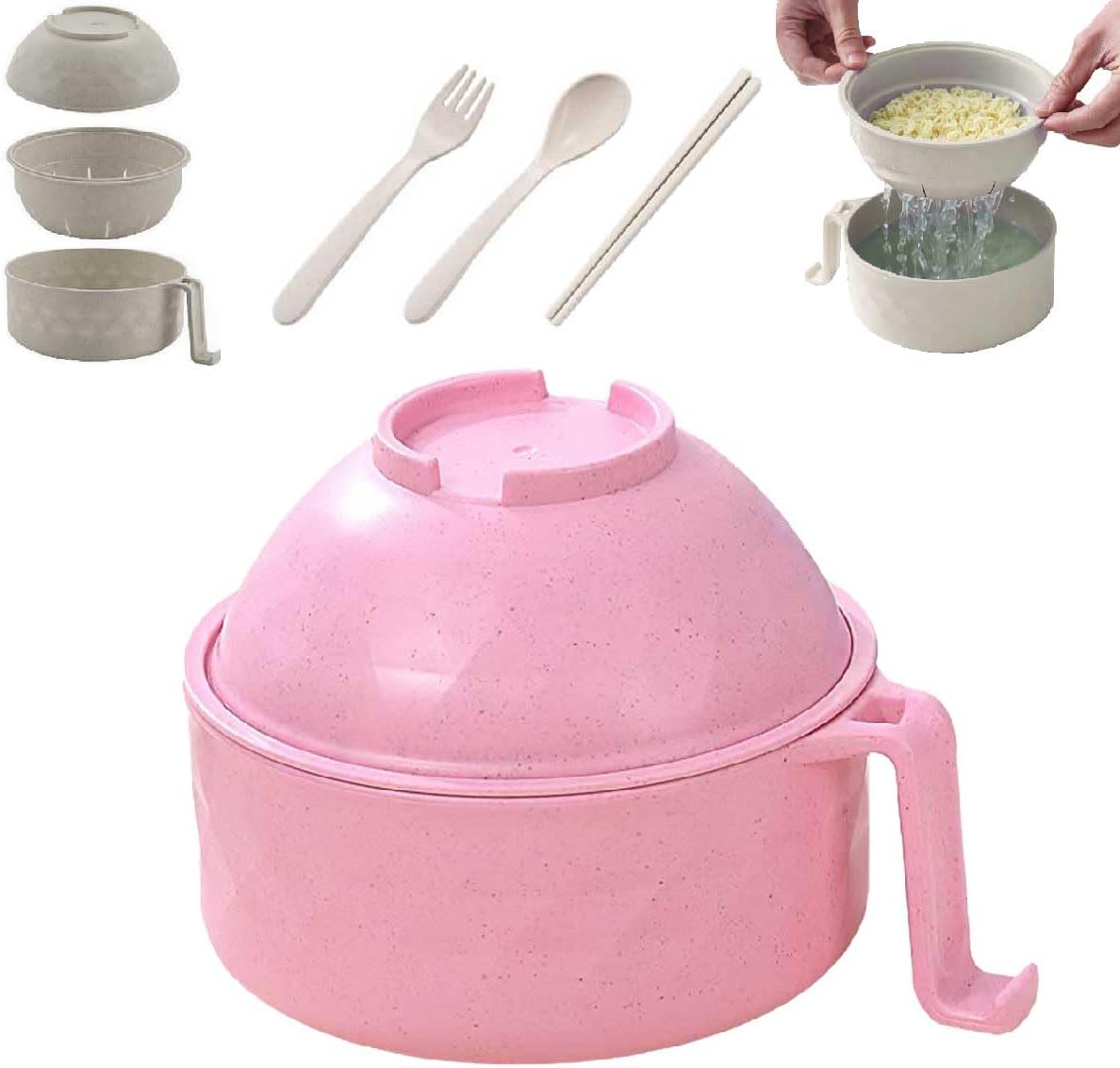 Microwave Ramen Noodle Cooker Bowl with Lid Handles,Portable Instant Noodle Bowl Set with Spoon Chopstick Fork,Essential Kitchen & Dorm Room Cooking Set for Home Office Dorm Room College Pink