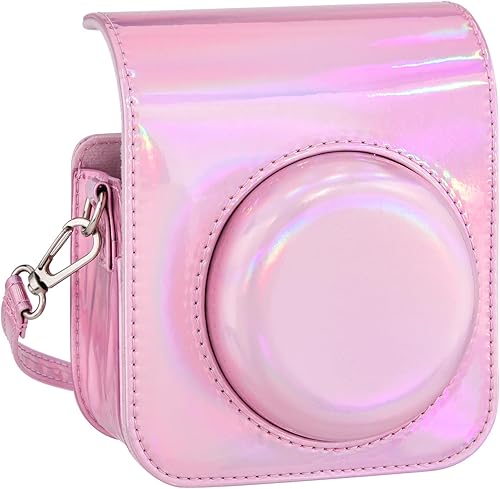Mini 12 - Funda protectora de piel sintética compacta compatible con cámara instantánea Instax Mini 12 (plateado brillante)