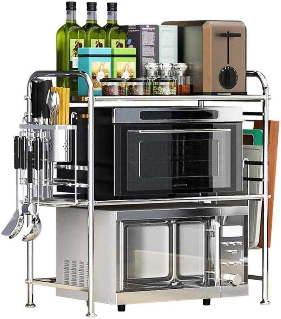 304 Stainless Steel Kitchen Shelf Microwave Oven Rack with Knife & Chopsticks Holder, Cutting Board Rack, Hooks, and Adjustable Stand (Size: 53x37x71cm)
