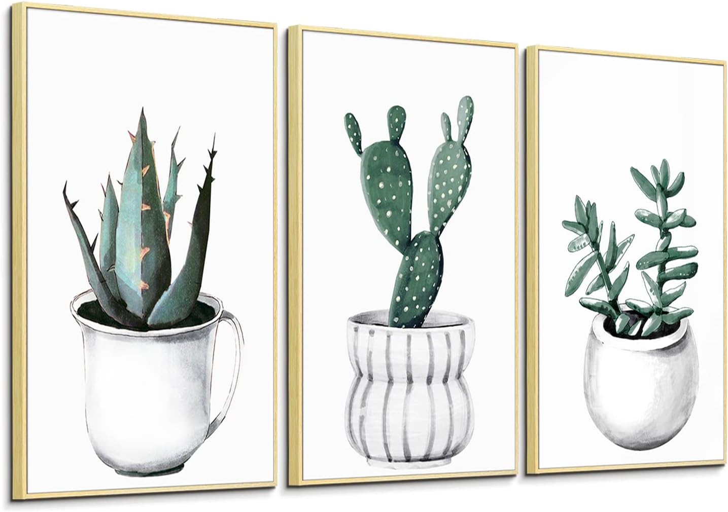 ArtbyHannah 3 Pack 16x24 Inch Botanical Framed Catcus Canvas Wall Art Decor with Tropical Plant Artwork Prints Picture for Home Decoration, Ready to Hang