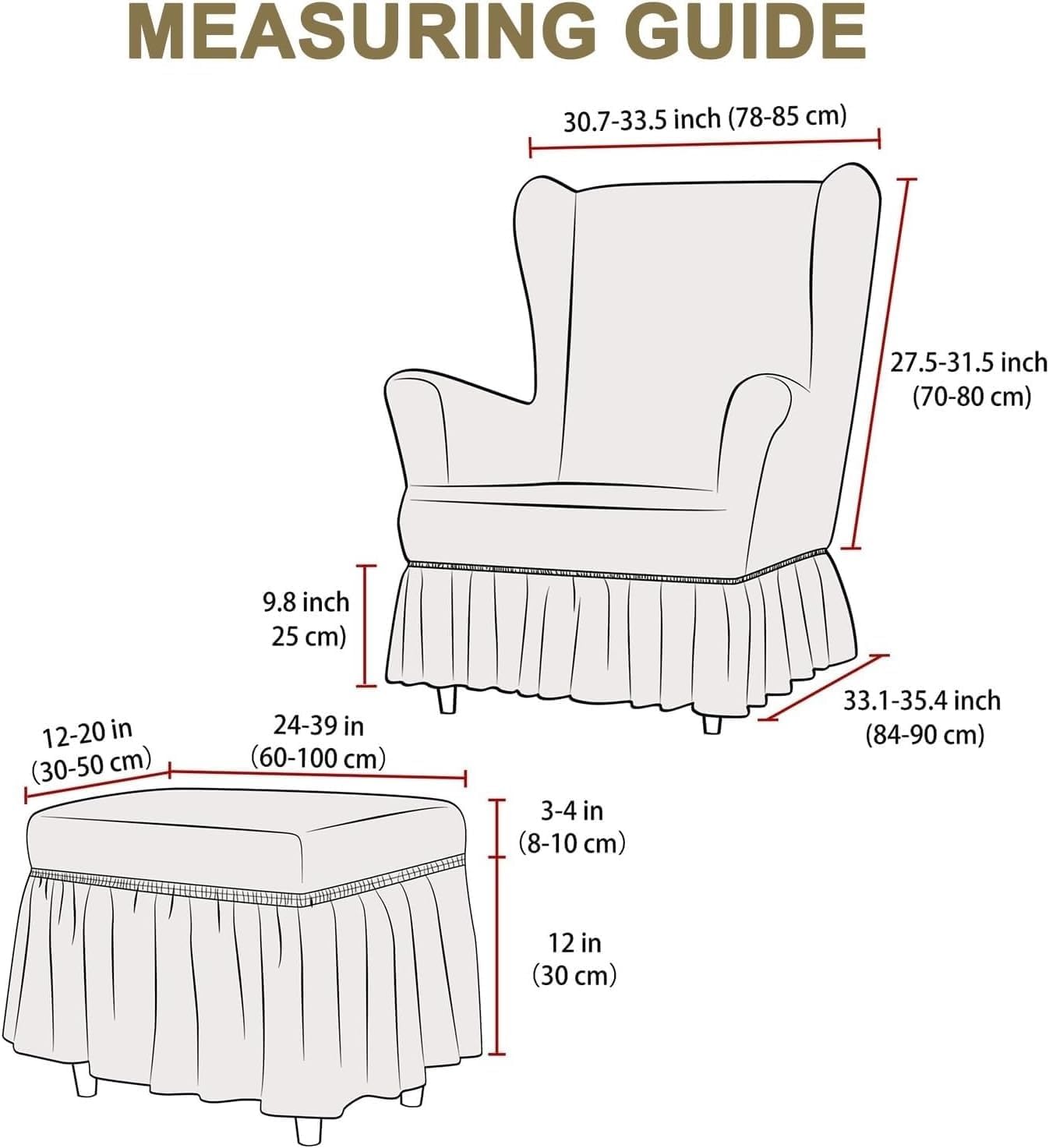 Universal Seersucker Wingback Chair Slipcover Set with Ottoman Cover, Stretch High Back Bubble Wing Armchair Covers with Skirt for Living Room(Beige,Chair+Ottoman)