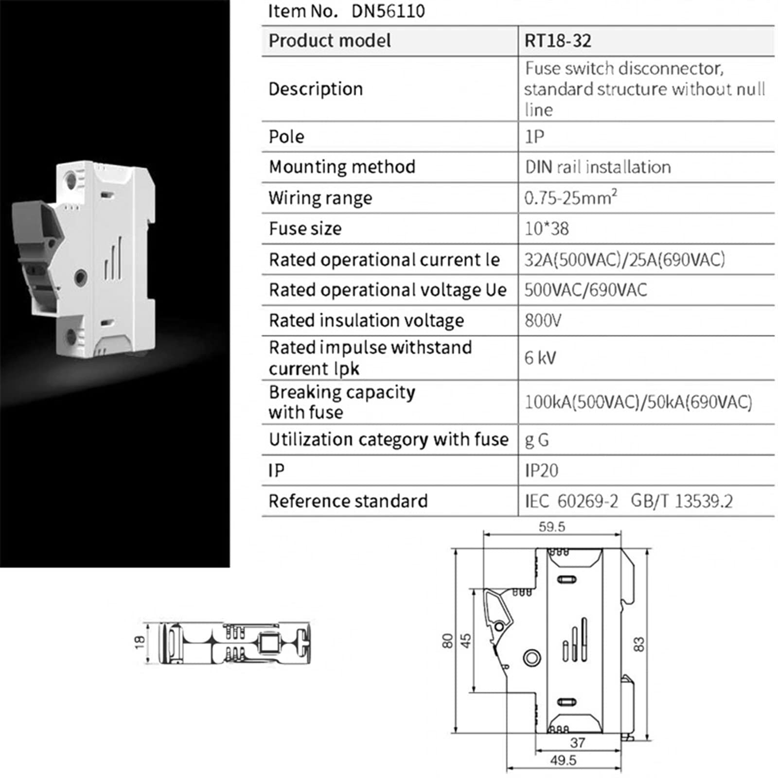 2 szt. Uchwyt bezpiecznika 10x38MM 500V RT18X skrzynka bezpieczników lampka kontrolna szybkie dmuchanie ceramika RO15 montaż na szynie DIN(Rt18x-32-2 szt,10A)