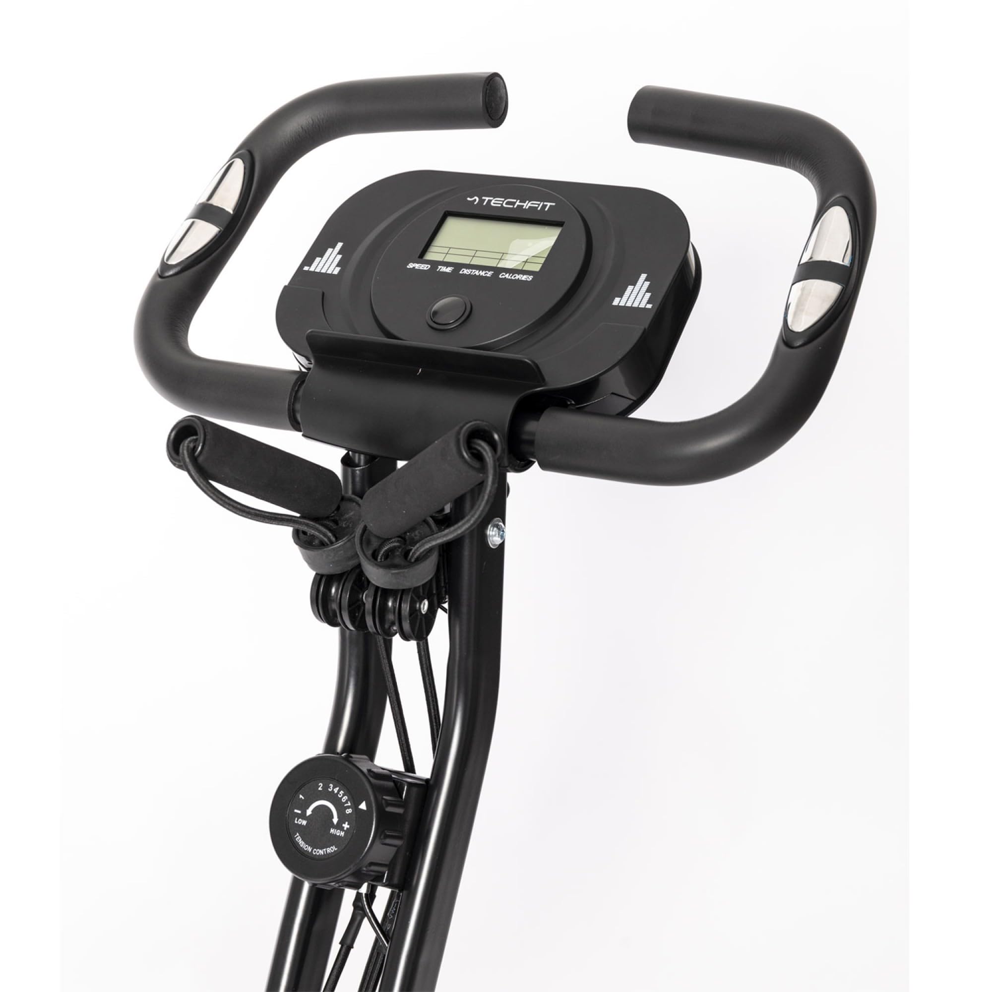 TechFit Cyclette XB300N pieghevole, fino a 120 kg | 8 livelli di resistenza, computer LCD, sella imbottita regolabile, porta-tablet e ruote di trasporto