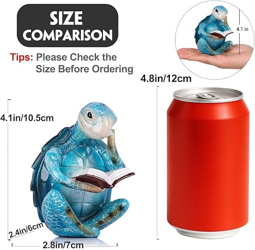Miniatura 2 de Figuras de tortuga de lectura para decoración costera de playa, decoración náutica del océano, resina verde azulado, mini estatua de tortuga para